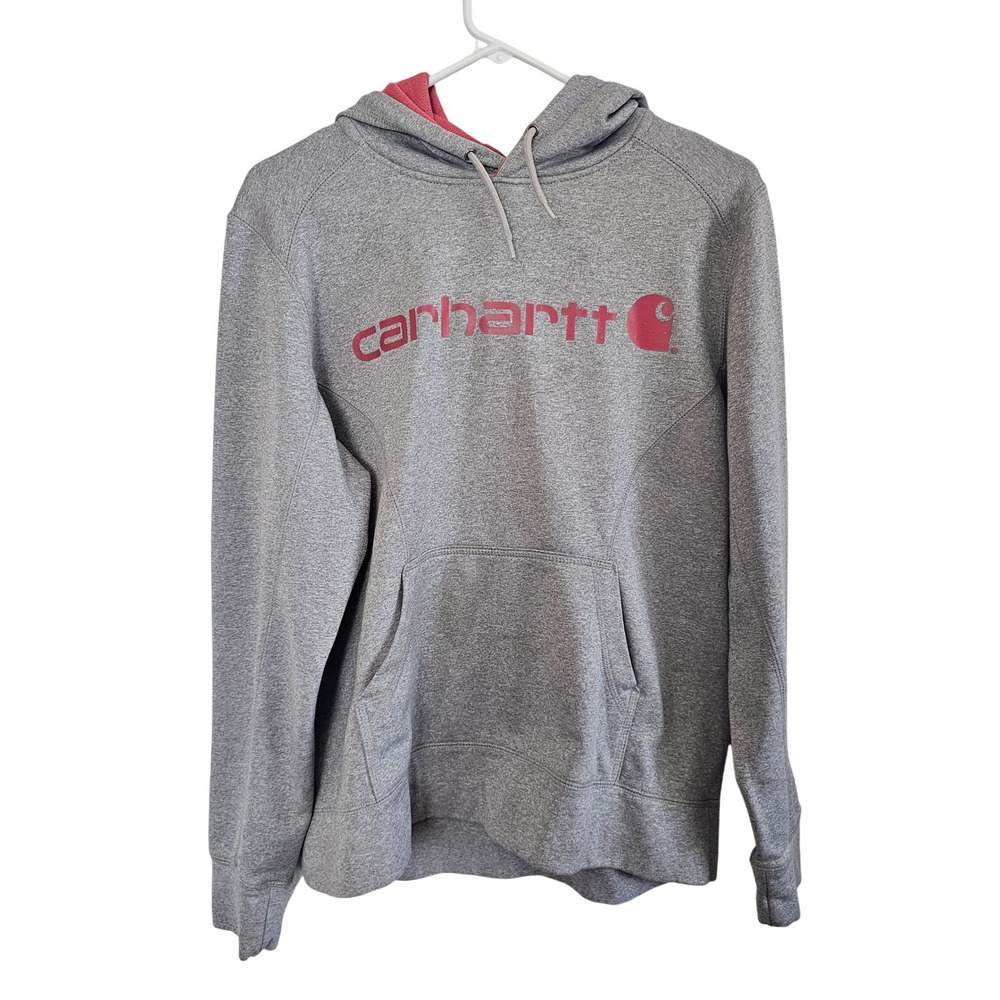 Carhartt Girls L 12-14 Hoodie Heather Gray Pink Logo Pullover‎ Sweatshirt